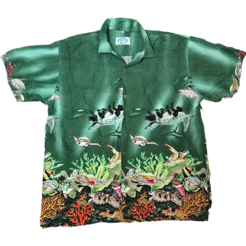 Vintage Go Hawaii Button Down Shirt Mens XL Sea Turtle Fish Print Cotton bright